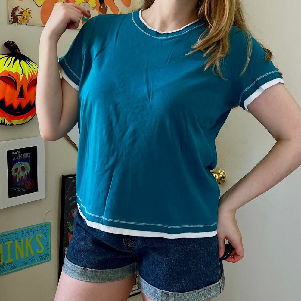 Vintage Teal Short Sleeve Shirt Women's Size Large Contrasting Hem Layered